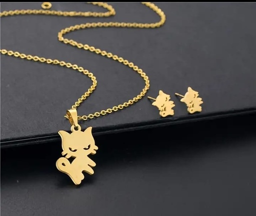 Conjunto de Collar para Humano y Aretes de Gatitos Brincando Dorados